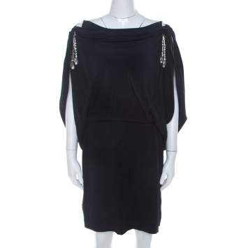 Pre Owned Temperley Navy Blue Silk Cowl Neck Bejeweled Strap Detail Dress L 