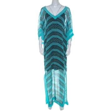 Pre Owned Temperley London Aqua Green Sheer Printed Silk Caesar Maxi Kaftan L