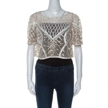 Pre Owned Temperley London Cream Embellished Sand Tulle Crop Top L
