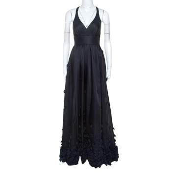 Pre Owned Temperley Black & Navy Blue Satin Floral Applique Detail Gown S