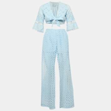 Pre Owned   Temptation Positano Blue Broderie Anglaise Wrap top and Pants Set XS