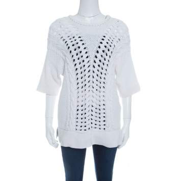 Pre Owned Thakoon Off White Chunky Perforated Knit Rib Trim Short Sleeve Top M