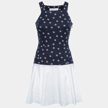 Pre Owned Thakoon Addition Navy Blue and White Polka Dot Cotton Sleeveless Flared Dress XS