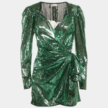 Pre Owned The Attico Green Sequin Ruffled Mini Wrap Dress M