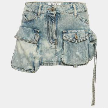 Pre Owned The Attico Blue Denim Low Waist Cargo Pocket Detail Mini Skirt S/Waist 28"