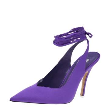 Pre Owned The Attico Purple Satin Venus Slingback Ankle Wrap Sandals Size 39.5