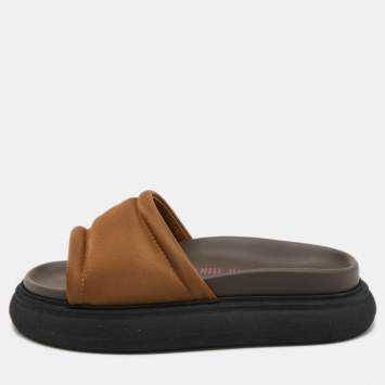 Pre Owned The Attico Brown Fabric Noah Flat Slides Size 36