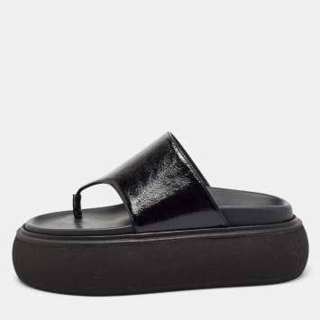 Pre Owned The Attico Black Leather Selene Platform Thong Sandals Size 37