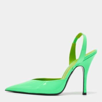 Pre Owned The Attico Neon Green Patent Leather Slingback Pumps Size 39