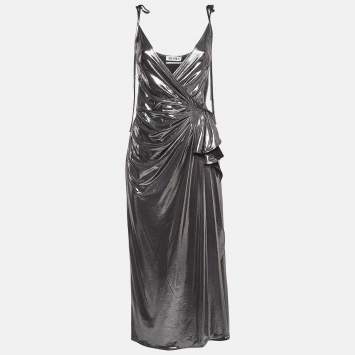 Pre Owned The Attico Metallic Silver Lamé Fan Detail Long Dress XS
