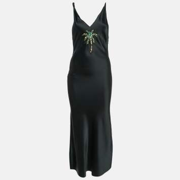 Pre Owned The Attico Black Palm Tree Embroidery Silk Raw Edges Maxi Dress S