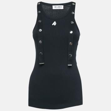 مملوكة مسبقًا The Attico Black Snap Button Strap Detail Rib Knit Tank Top S