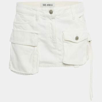 Pre Owned The Attico White Denim Low Waist Cargo Pocket Detail Mini Skirt S Waist 32"