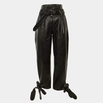 Pre Owned The Attico Black Leather Tie Detail Paperbag Trousers S