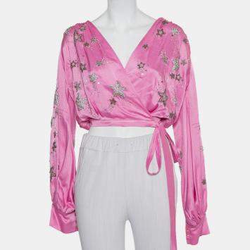 Pre Owned Attico Pink Satin Bead Embellished Wrap Blouse S