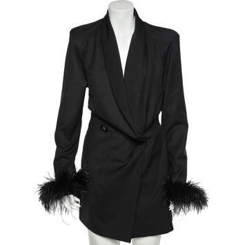 Pre Owned The Attico Black Wool & Feather Trimmed Double Breasted Dress S
