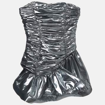 Pre Owned The Attico Silver Lame Ruched Strapless Mini Dress S