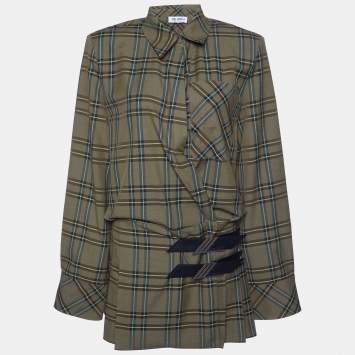 Pre Owned The Attico Military Green Checked & Pleated Margot Mini Dress S