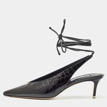 Pre Owned The Attico Black Croc Embossed Patent Leather Venus Slingback Pumps Size 39.5