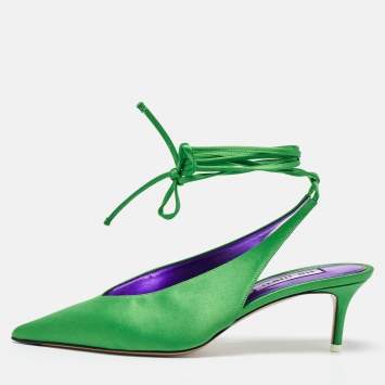 Pre Owned The Attico Green Satin Venus Ankle Wrap Pumps Size 39