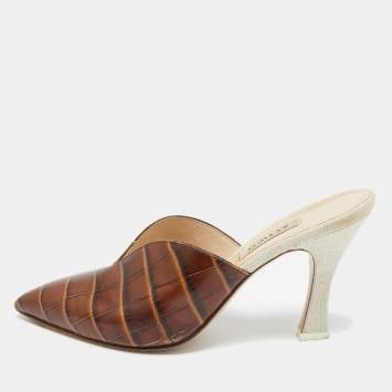 Pre Owned The Attico Brown/Cream Croc Embossed Leather Chloe Mules Size 38