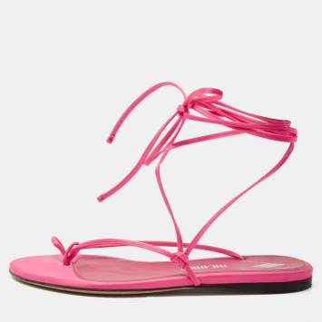 Pre Owned The Attico Hot Pink Satin Ankle Tie Flat Sandals Size 39