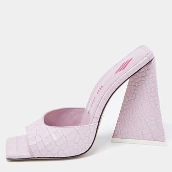 Pre Owned The Attico Pastel Pink Croc Embossed Leather Slide Sandals Size 37