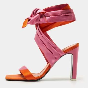 Pre Owned The Attico Orange/Pink Satin Ankle Tie Sandals Size 39