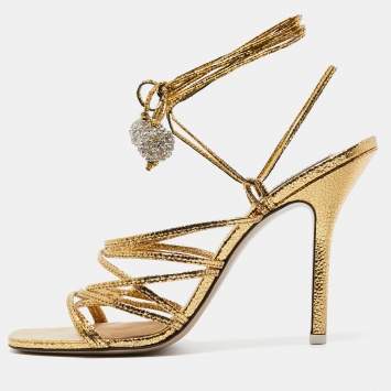 Pre Owned The Attico Metallic Gold Leather Ankle Wrap Sandals Size 41 