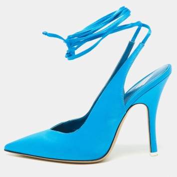 Pre Owned The Attico Blue Satin Slingback Ankle Tie Pumps Size 38