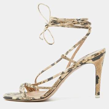 Pre Owned ATTICO Brown/Beige Python Embossed Leather Ankle Wrap Sandals Size 40