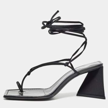 Pre Owned The Attico Black Satin and Leather Mona Ankle Wrap Sandals Size 38