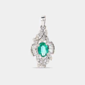 Pre Owned 18K Gold Round And Baguette Natural Emerald And Diamond Pendant