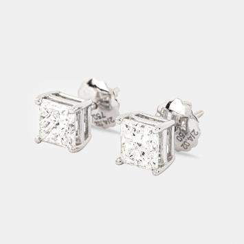 Pre Owned 3.68 cts Princess Cut 18k White Gold Diamond Solitaire Earrings