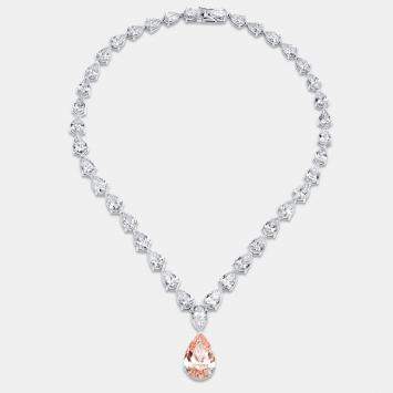 Pre Owned 66.09 Cts Pink Pear 18K White Gold Lab Grown Diamonds Necklace