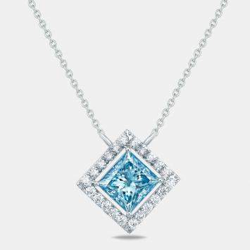 Pre Owned 3.5 cts Blue Princess Round Lab Grown Diamond 18k White Gold Necklace