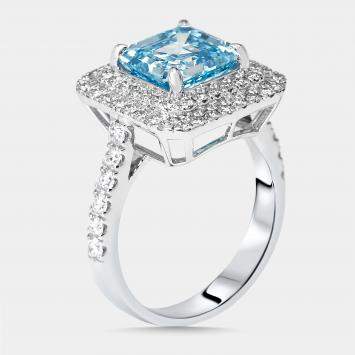 Pre Owned 3.9 cts Vivid Blue Asscher, Round Lab Grown Diamonds 18k White Gold Ring Size 52