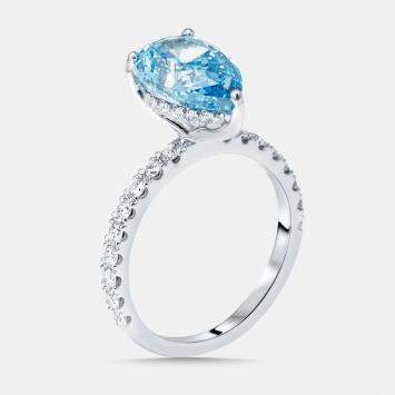 Pre Owned 3.6 cts Vivid Blue Pear, Round Lab Grown Diamonds 18k White Gold Ring Size 52