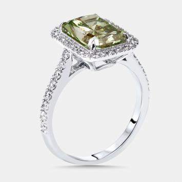 Pre Owned 3.5 cts Green Emerald Cut, Round Lab Grown Diamonds 18k White Gold Ring Size 52