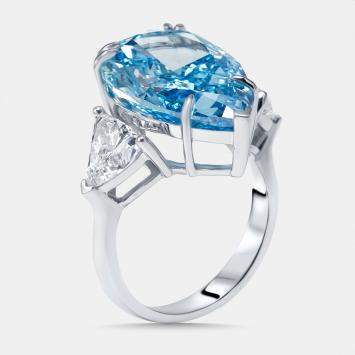 Pre Owned 13.3 cts Vivid Blue Pear, Trillion Lab Grown Diamonds 18k White Gold Ring Size 55
