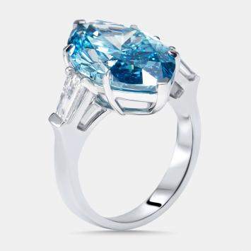 مملوكة مسبقًا 11.03 cts Vivid Blue Marquise, Trapazoid Lab Grown Diamonds 18k White Gold Ring Size 55