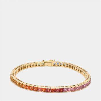 مملوكة مسبقًا 16 cts Rainbow Sapphire Princess Cut Gemstones 18k Yellow Gold Tennis Bracelet