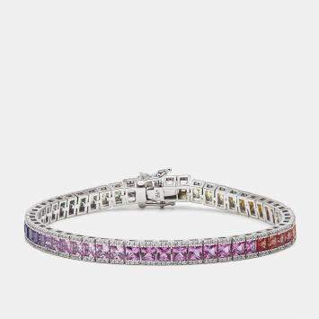 Pre Owned سوار ذهب أبيض عيار 18 ألماس مختبري بقطع أميرة ومستدير ياقوت أزرق (حوالي 9.5 قيراط)