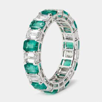 مملوكة مسبقًا 4.2 cts Syn Emerald, Emerald Cut Lab Grown Diamonds 18k White Gold Ring Size 51