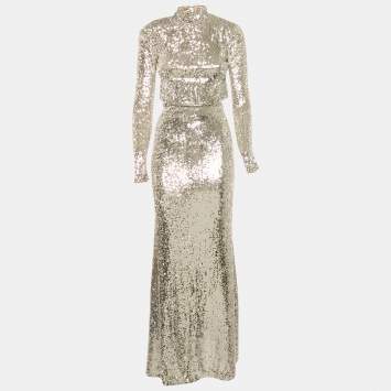 Pre Owned The New Arrivals By Ilkyaz Ozel Silver Sequin Embellished Mesh Maxi Dress M