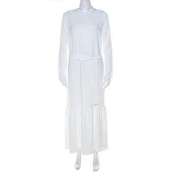Pre Owned The Row Off White Crepe Flounce Hem Belted Lulchin Maxi Dress XS