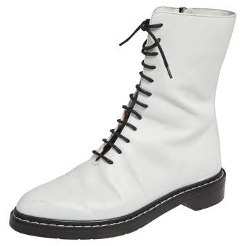 Pre Owned The Row White Leather Fara Lace Up Combat Boots Size 37