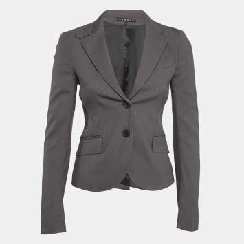 Pre Owned Theory Grey Stripe Patterned Cotton Blend Blazer XS 