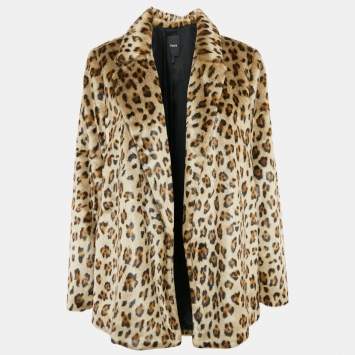 Pre Owned Theory Brown Leopard Print Faux Fur Front Open Jacket L