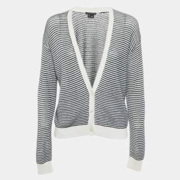 Pre Owned Theory Navy Blue/White Striped Knit Cardigan M
